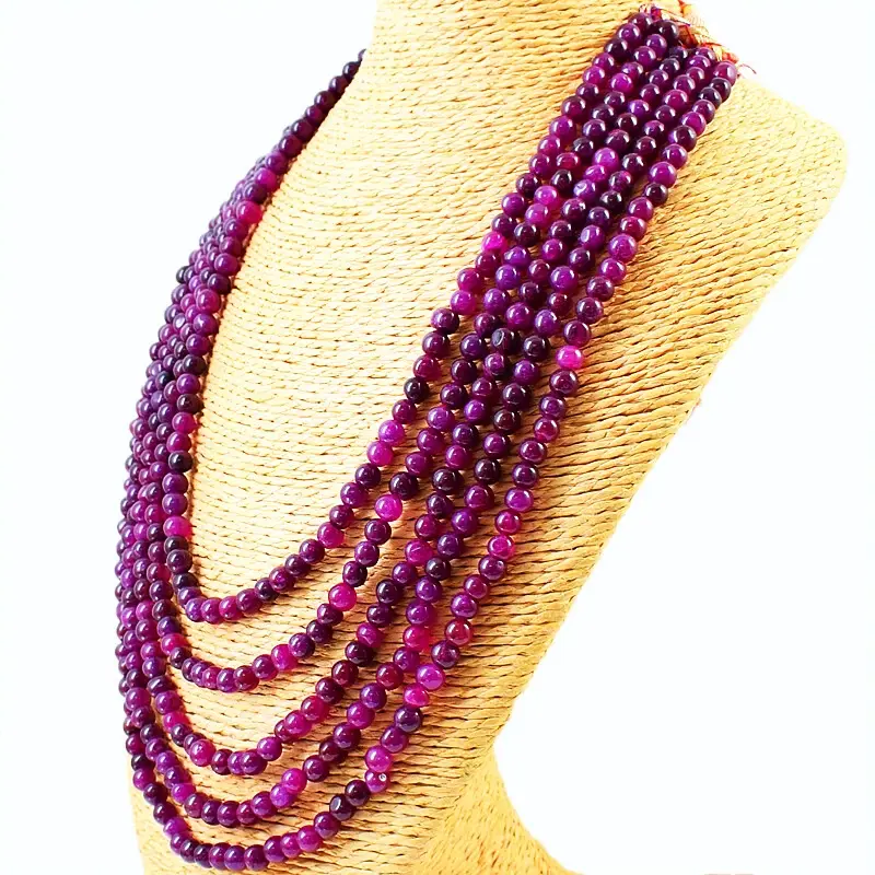 575.00 Cts Earth Mined 5 Strand Red Ruby Round Shape Beads Necklace NK 04E122 ABC Jewelery